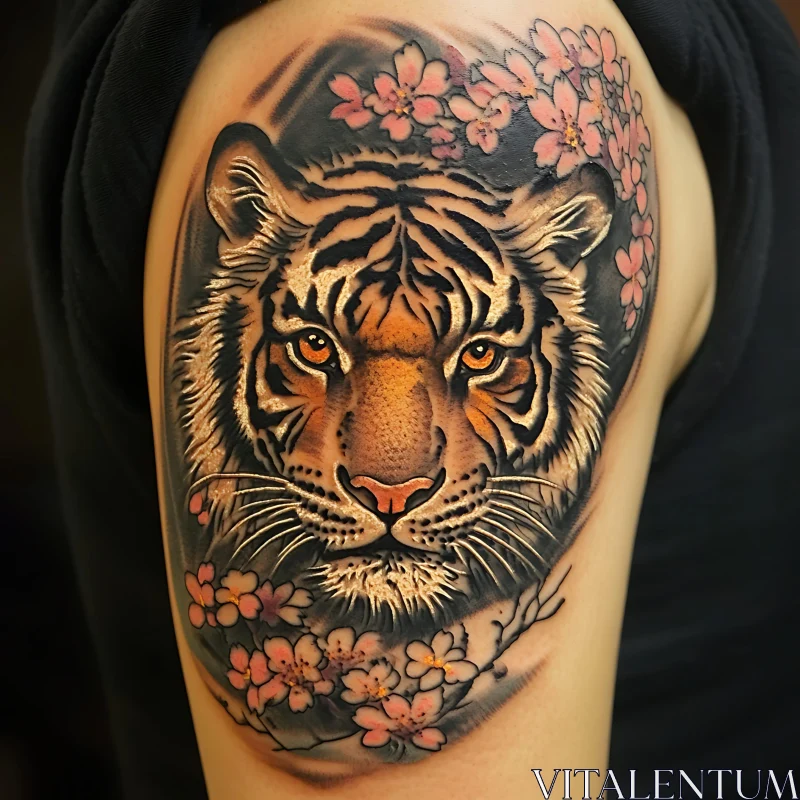 Tiger Head with Cherry Blossoms Tattoo AI Image