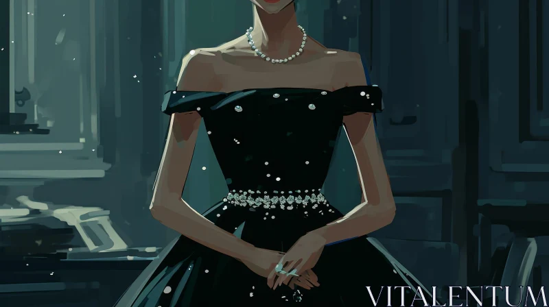 Elegant Black Evening Gown with Diamonds | Captivating Fashion Photo AI Image