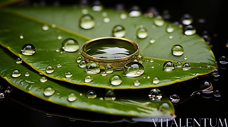 AI ART Gold Wedding Ring on Raindrop-Dappled Leaf - A Photorealistic Masterpiece