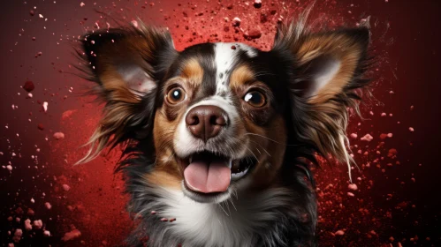 Lively Dog Playing with Water on Red Backdrop
