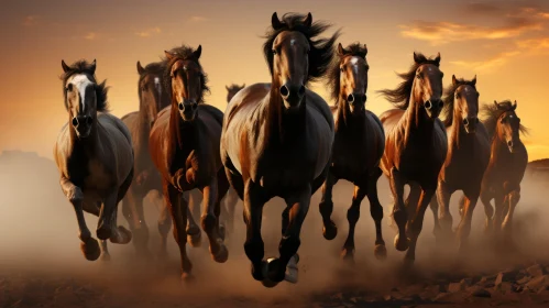 Majestic Horses Running in Dusk - A Narrative Depiction