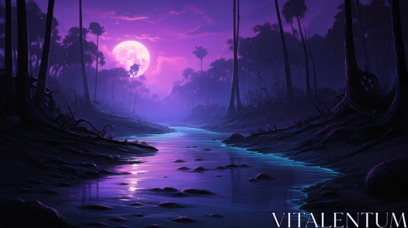 Moonlit River Flowing Through a Dark Forest AI Image
