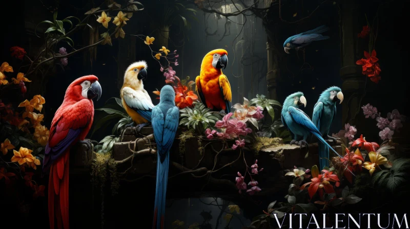 Mystical Night Enclave: Baroque-Inspired Still Lifes with Parrots AI Image