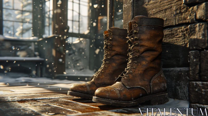 Old Brown Leather Boots Covered in Snow - A Nostalgic and Inviting Image AI Image