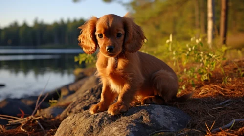 Timeless Elegance: Brown Puppy by a Lake
