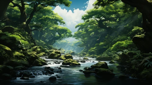 Tranquil River Flowing Through a Forest - Japanese-Inspired Artwork