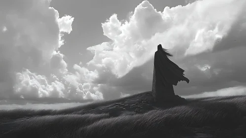 Monochrome Silhouette on Windswept Hill
