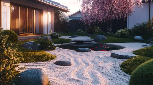 Zen Garden with Pond and Pink Tree