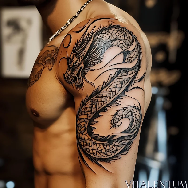 Detailed Black Ink Dragon Tattoo AI Image