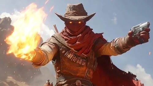 Masked Cowboy with Fire and Gun