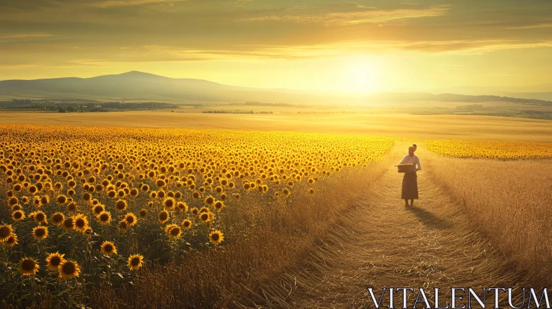 Woman Walking Through Sunflower Meadow AI Image