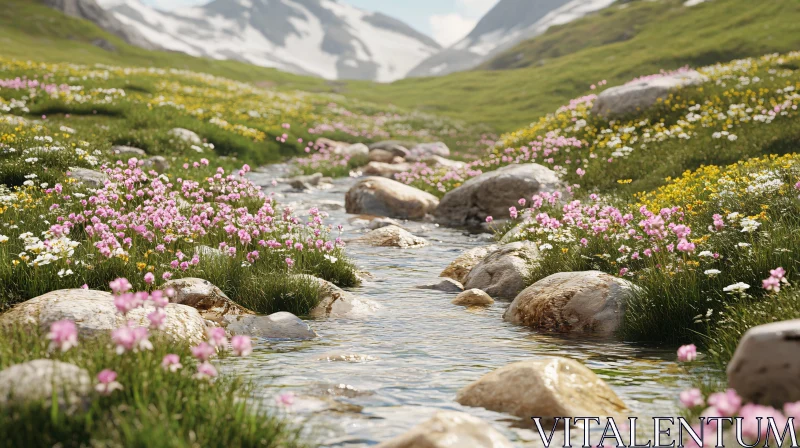 AI ART Scenic Stream with Wildflowers and Mountain View