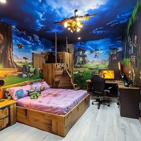 Gaming Room with Themed Decor and Wooden Accents