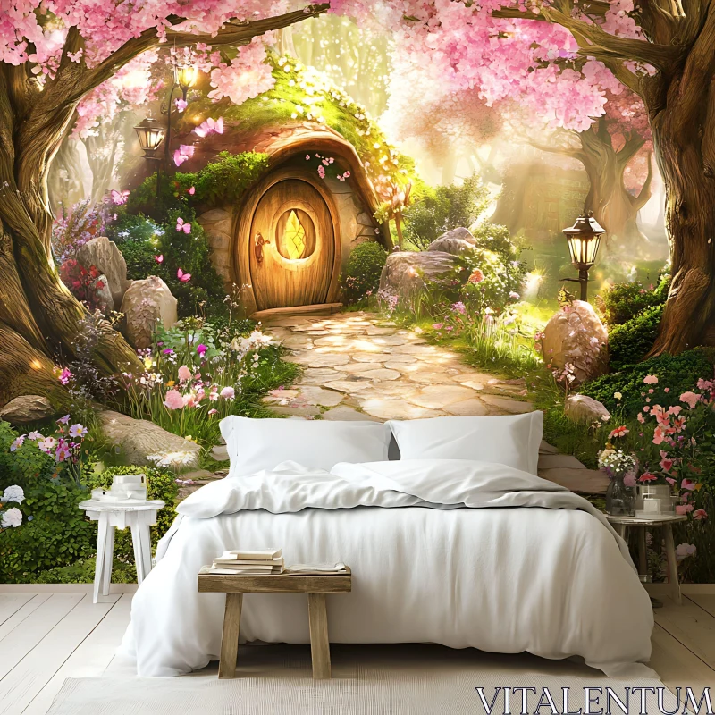 Whimsical Bedroom with Hobbit House View AI Image