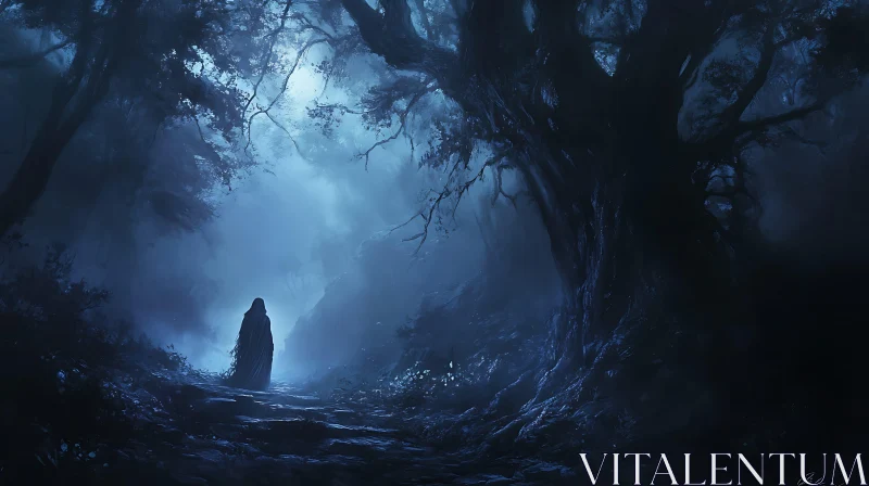 AI ART Misty Forest Path with Dark Silhouette