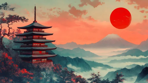 Tranquil Japanese Pagoda with Mountain View