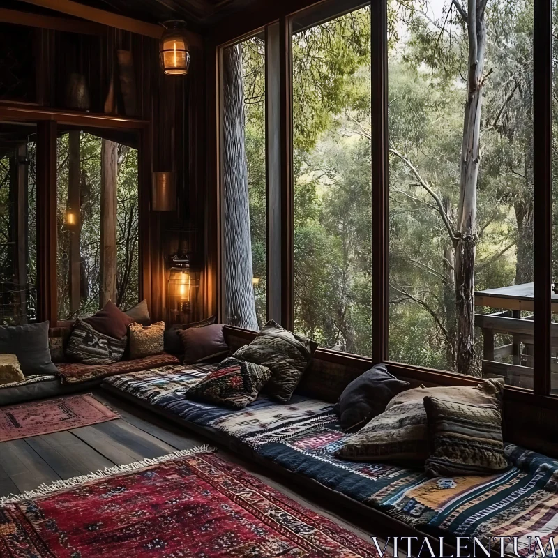 AI ART Cozy Room with Forest View and Pillows