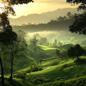 Misty Green Valley at Dawn