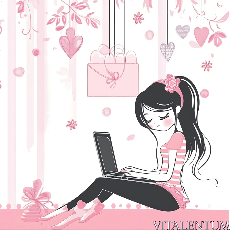 Stylized Woman with Laptop in Pink AI Image