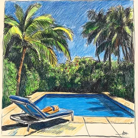 Serene Pool with Palm Trees Drawing