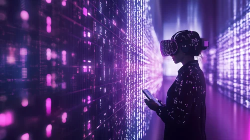 Woman in VR headset with digital wall