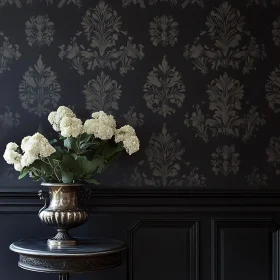 White Hydrangeas in Silver Vase Still Life