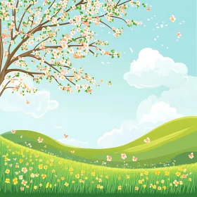 Spring Meadow with Blossoming Tree