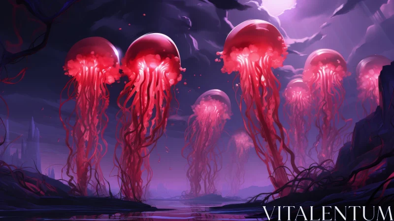 Anime Fantasy Red Jellyfish in NYC - Digital Art AI Image
