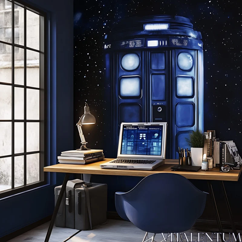 AI ART Blue Workspace with Laptop and Tardis