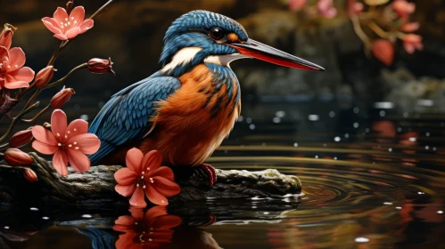 Beautiful Kingfisher amidst Water and Flowers - Character Illustration