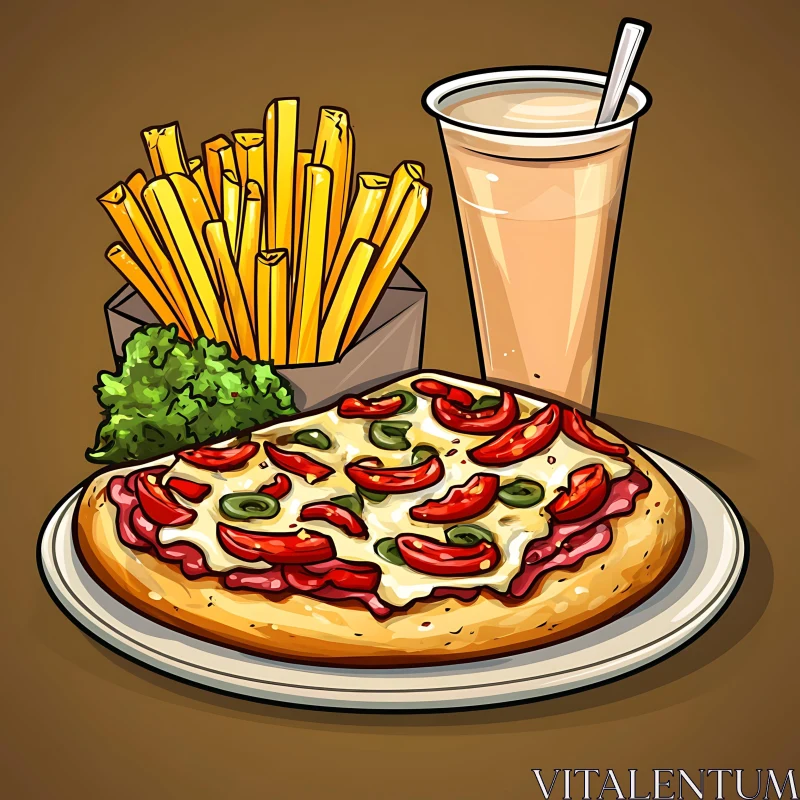 Fast Food Meal Illustration: Pizza, Fries, and Drink AI Image