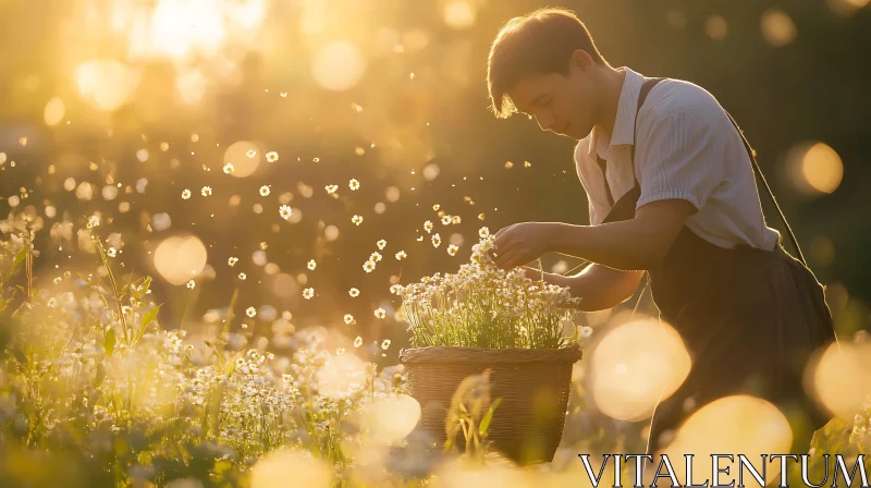 Man Harvesting Flowers in Sunny Meadow AI Image