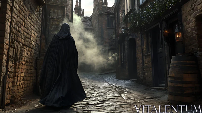 Mysterious Figure in Historic Alleyway AI Image