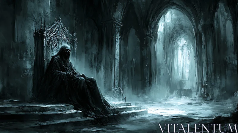 Figure on Throne in Gothic Hall AI Image