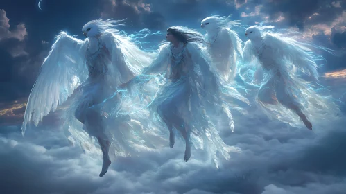 Angelic Beings in Flight Above the Clouds