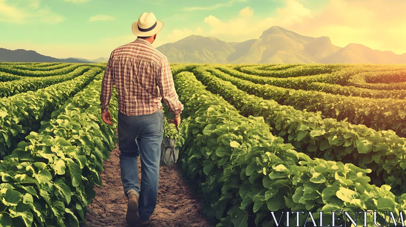 Agricultural Landscape with Walking Farmer AI Image