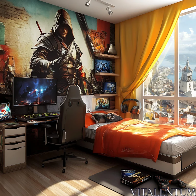 AI ART Modern Gaming Bedroom with Assassin Mural