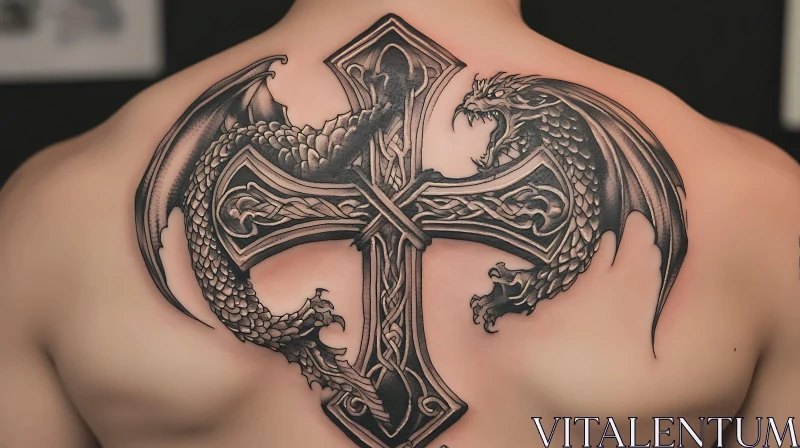 Black and Grey Dragon Entwined Cross Tattoo Art AI Image