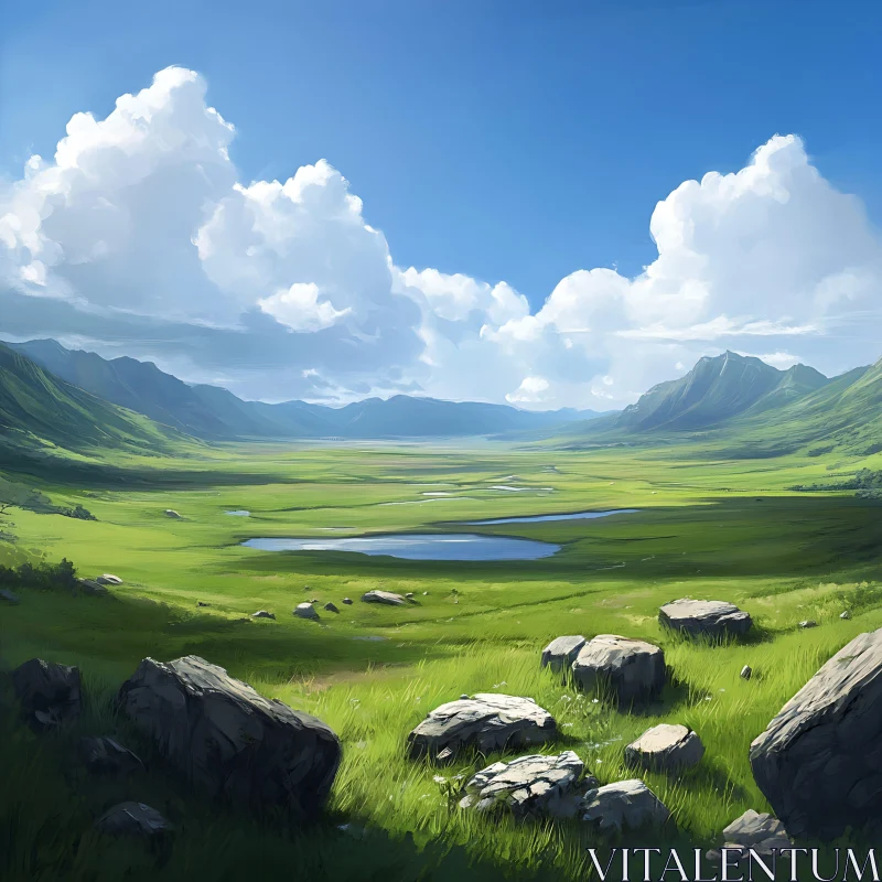 AI ART Scenic Mountain Meadow Under Cloudy Sky