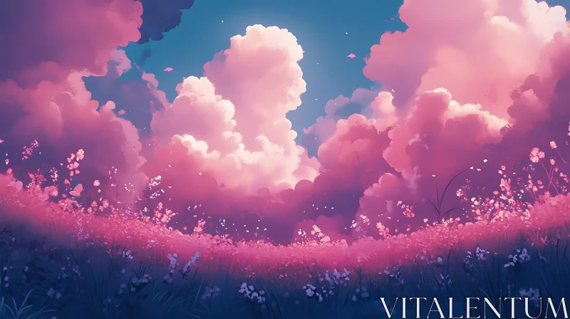 Floral Field Under Pink Sky AI Image