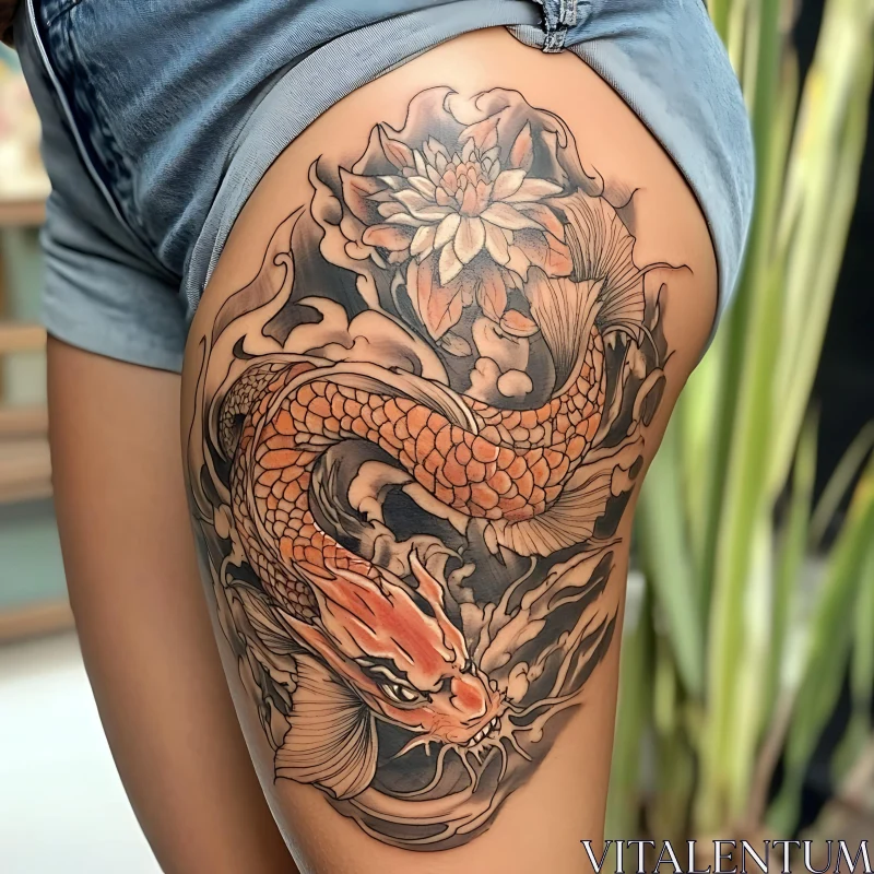 Intricate Koi Fish and Lotus Tattoo Design AI Image