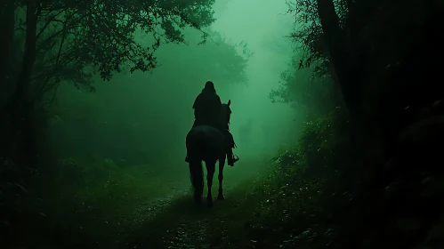 Silhouette on Horseback in Green Fog