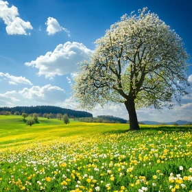 Spring Meadow with Flowering Tree