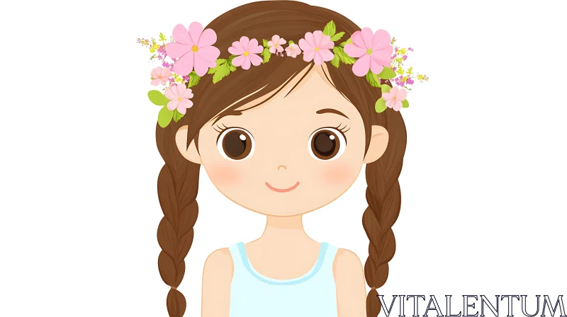 Floral Crowned Girl Cartoon Portrait AI Image