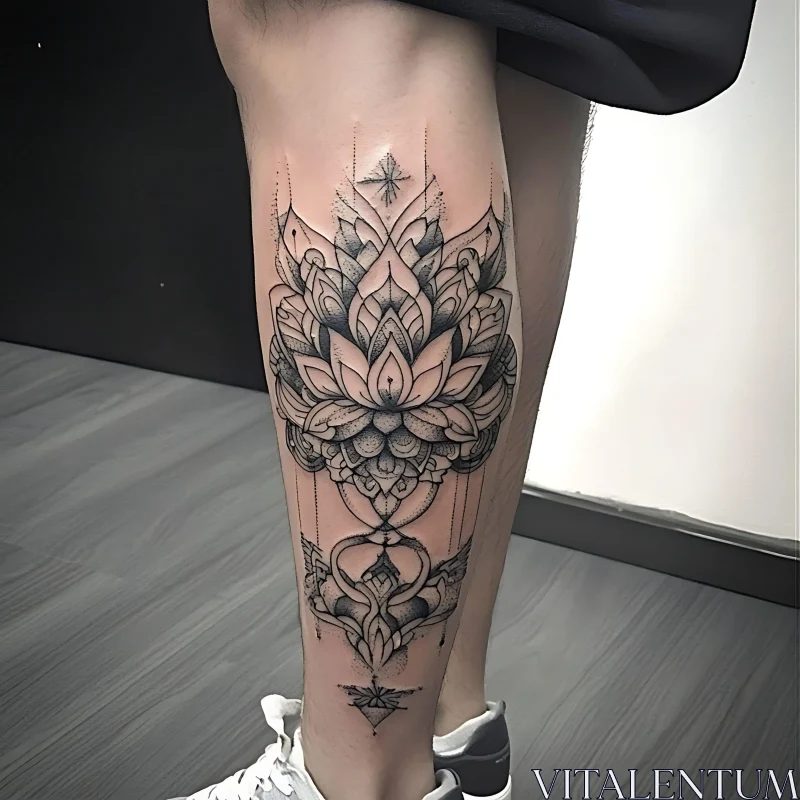 Elegant Geometric Floral Leg Tattoo AI Image