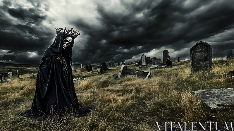 Crowned Reaper in Dark Cemetery AI Image