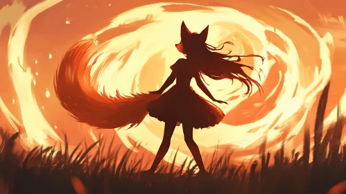 Fox-Girl in the Sunset Field
