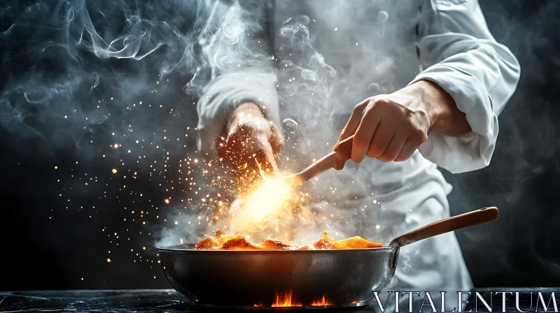 Flamboyant Culinary Arts: Chef Creating Fire in the Kitchen AI Image