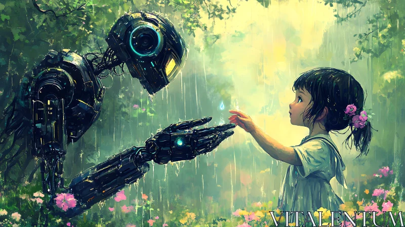 Robot and Girl Reach for Raindrop AI Image