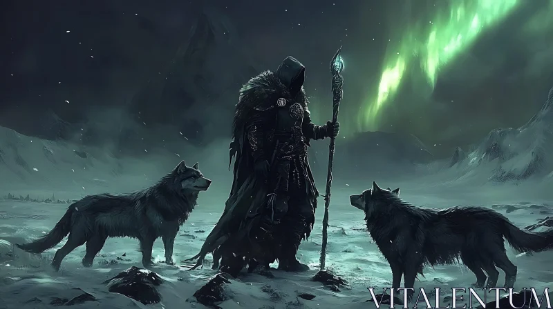 AI ART Hooded Character with Wolves in Winter